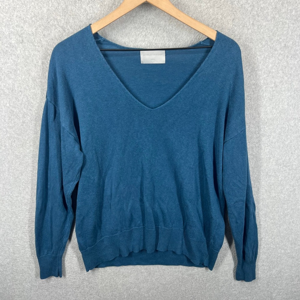 Modern Citizen V-Neck Sweater Womens Small Blue Linen Viscose MC22T86 EUC
